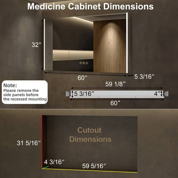 dimension image slide 0 of 2, Rail Aluminum Recessed/Surface Mount Bathroom Medicine Cabinet with Mirror, Adjustable Brightness, Defogging & USB Port