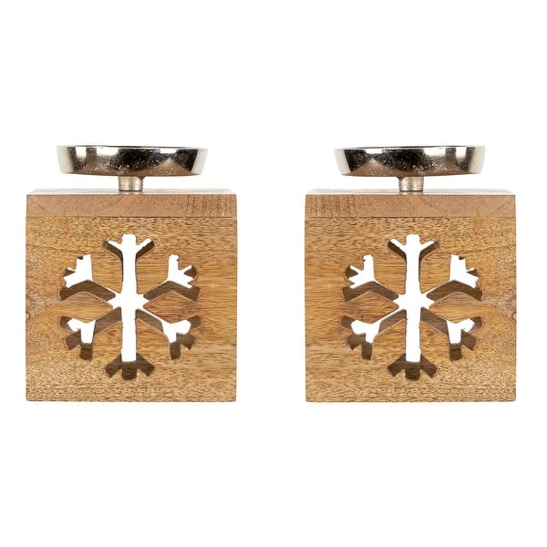 slide 2 of 5, Snowflake Box Wooden Christmas Tealight Holders - 4.75" - Set of 2