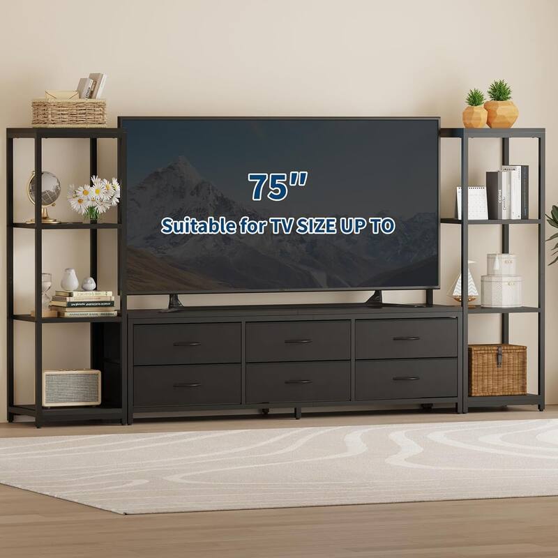 Entertainment Center TV Stand with 6 Drawers and Bookshelves for Living Room