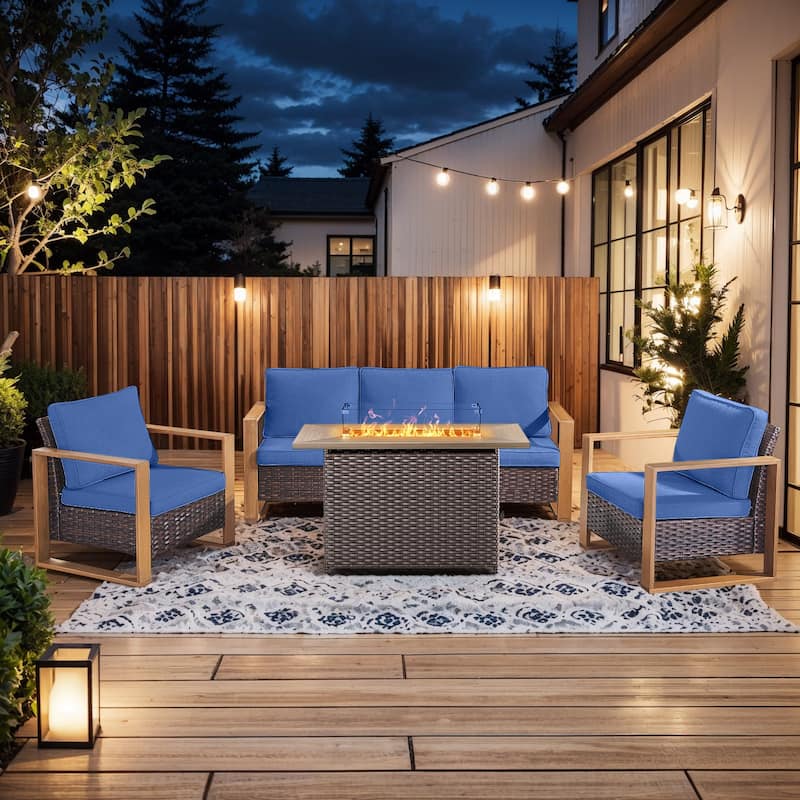 Pocassy 4 Pieces Outdoor Sofa Patio Chair with Fire Pit Table Set - Blue cushion - Brown Wicker