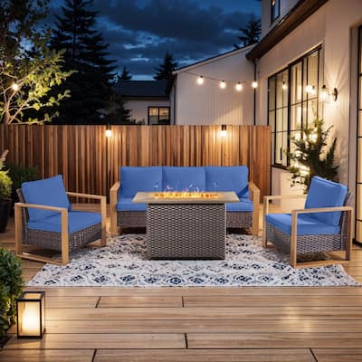 Pocassy 4 Pieces Outdoor Sofa Patio Chair with Fire Pit Table Set