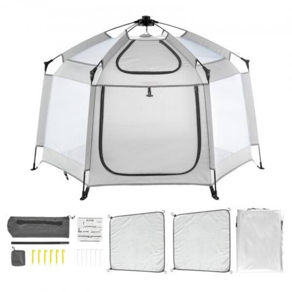 slide 1 of 1, Grey Oxford Cloth Baby Playpen with Canopy, UV Shade and Mesh Sides - 59.8” L x 59.8” W x 37.0” H