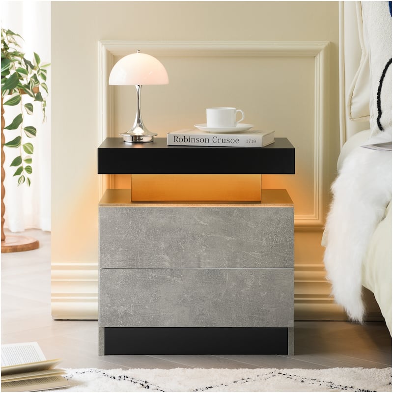 GDF Studio - Avalon Modern LED Nightstand with Dual Drawers and Open Storage Shelf - Black and Gray