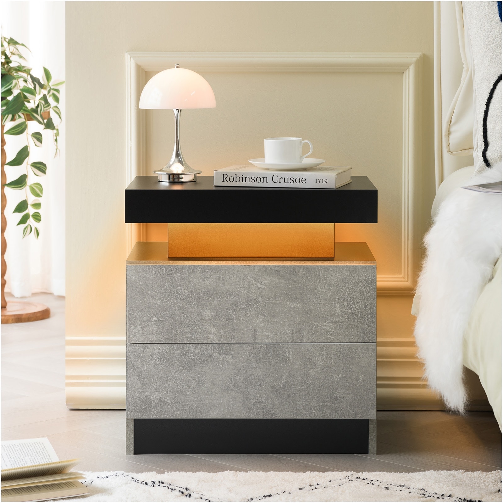 Modern LED Bedside Table with 2 Drawers and Adjustable Lighting for Bedroom or Living Room - Black+ Gray