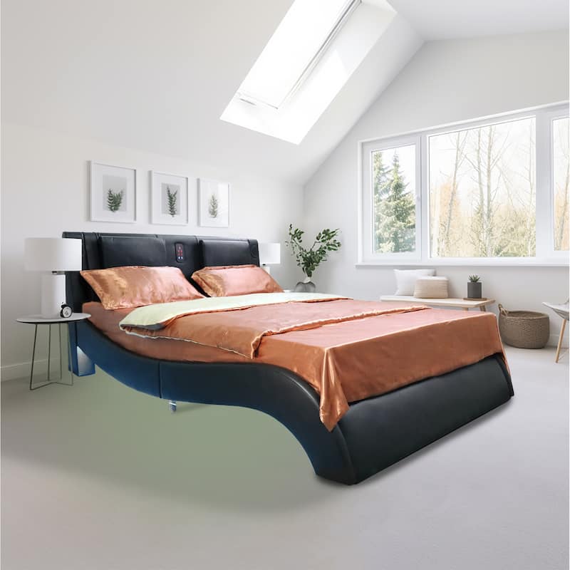 Black Queen Leather Upholstered Platform Bed with LED Lights, Bluetooth Music, and Massage Function