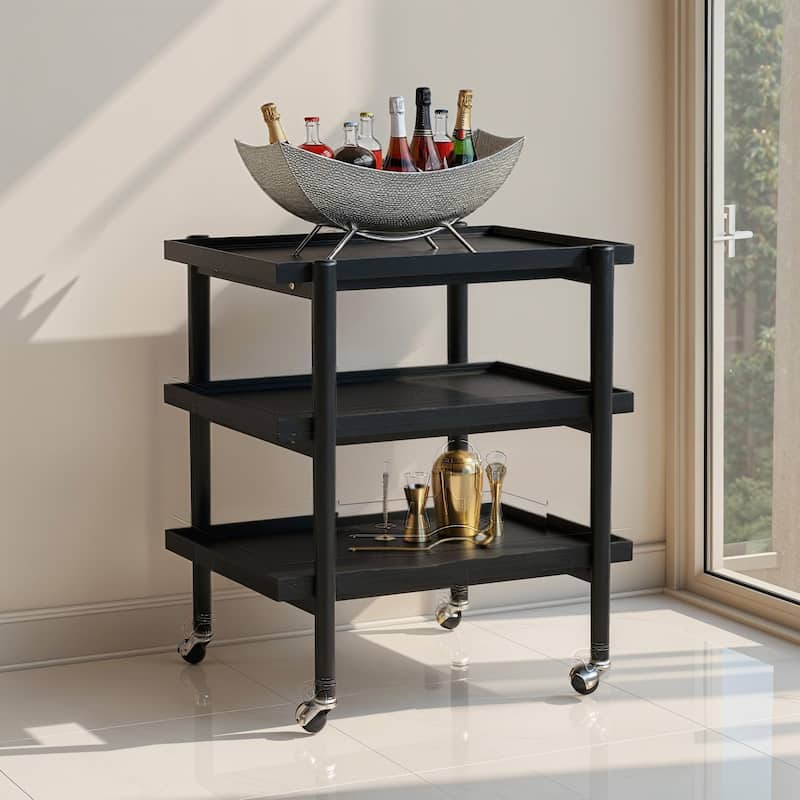 Rubberwood 3-Tier Bar Cart on Casters with Removable Tray/Shelf - 18.5"L x 23.62"W x 26.38"H