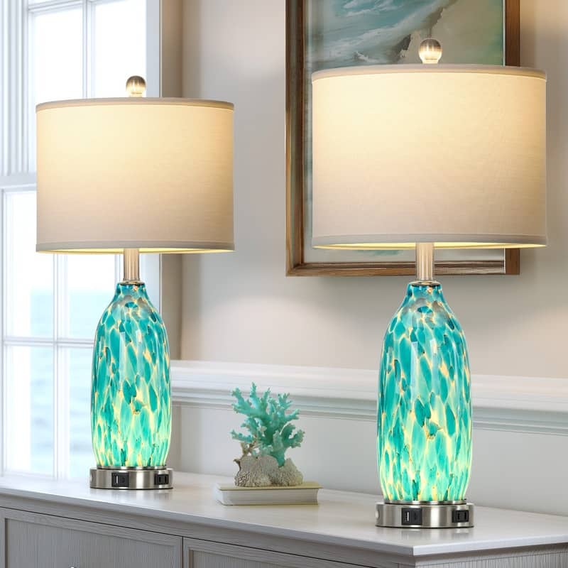 Set of 2 Modern Glass Table Lamps, 26-Inch with 3-Way Touch Control and USB/USB-C Charging Ports - 12'' x 12'' x 26''