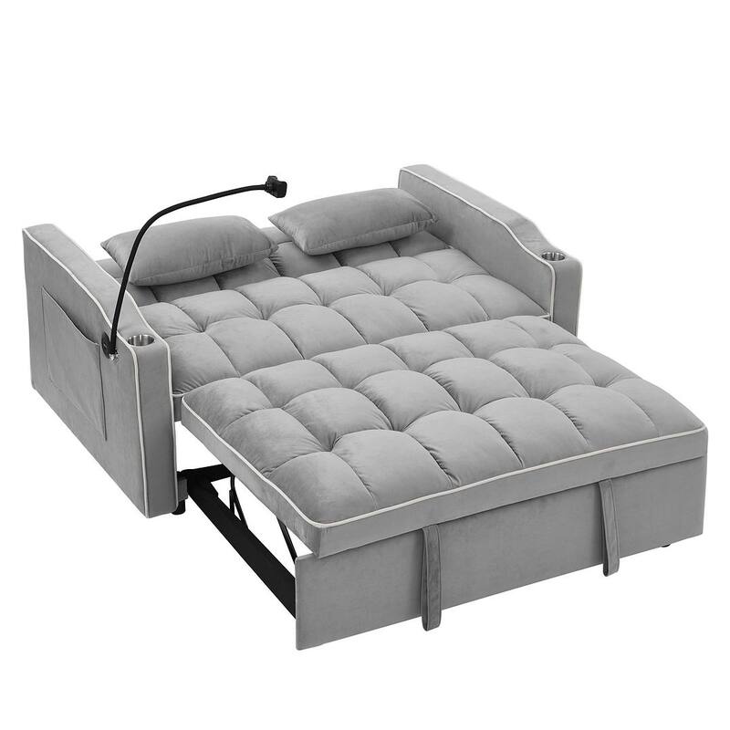 55.51'' Modern Versatile Foldable Sofa Bed With Adjustable Back and USB Port and Ashtray and Swivel Phone Stand