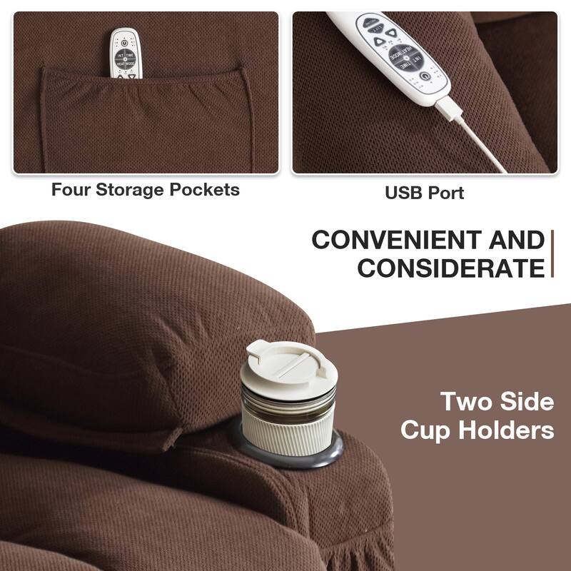 Fabric Electric Power Lift Recliner Chair with Massage and Heat for Elderly with USB Ports,Cup Holders & Side Pocket