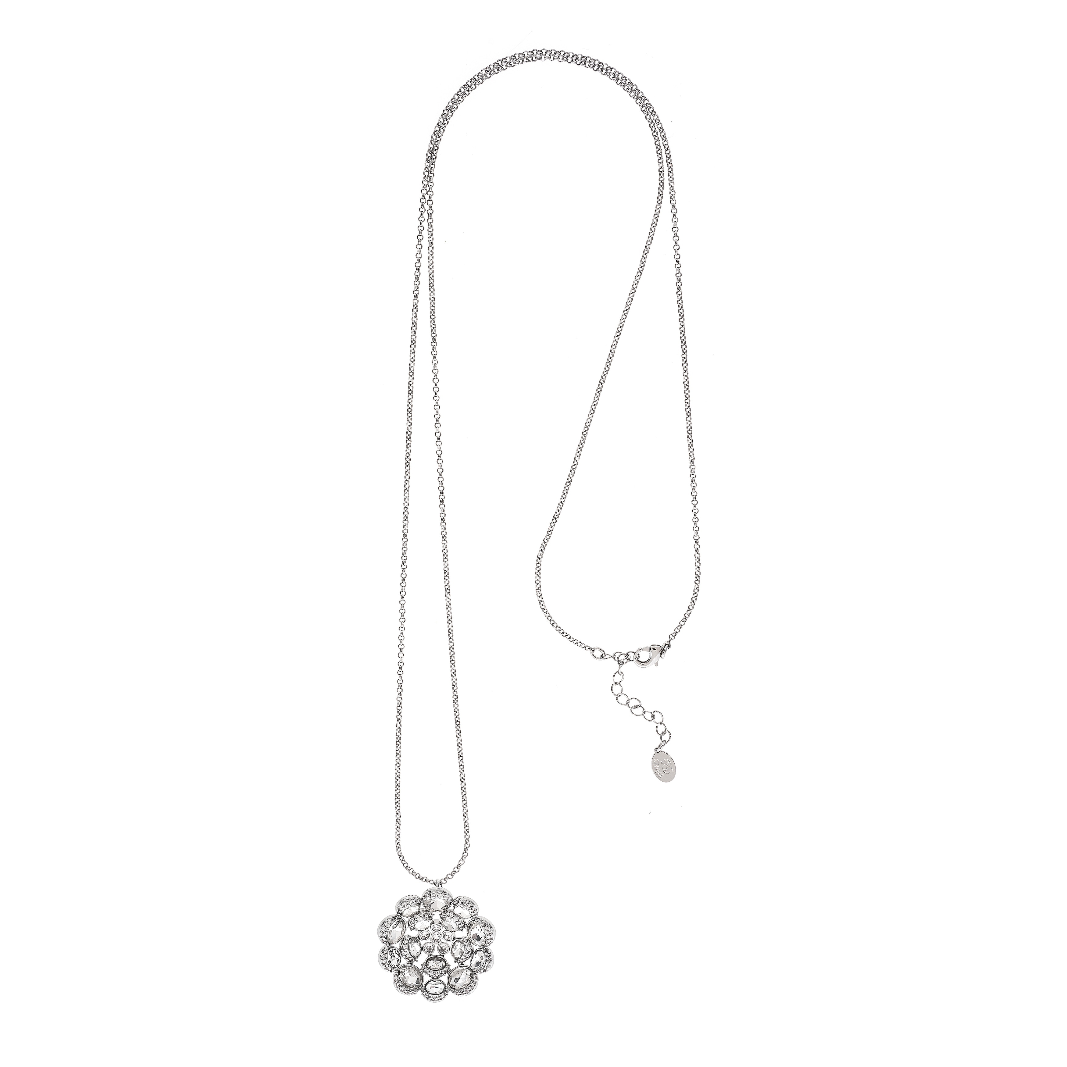 Rivka Friedman White Rhodium Plated CZ Flower Pendant Long Necklace