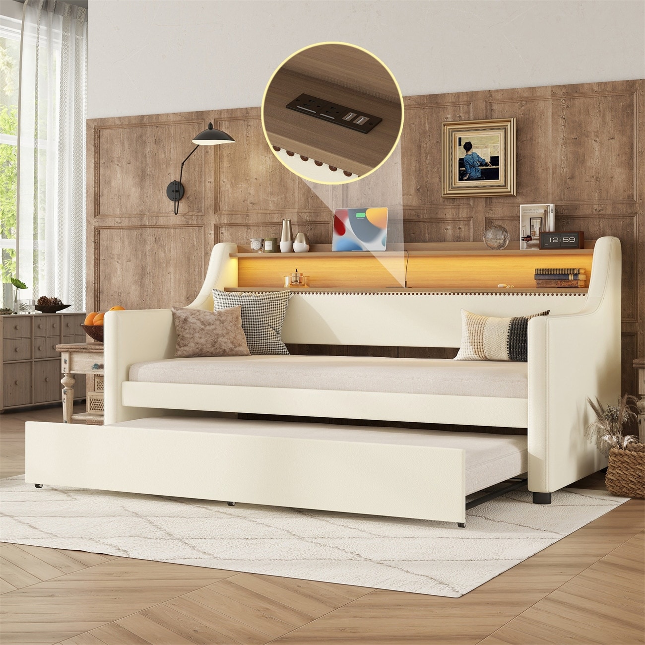 Modern Twin Size Upholstered Daybed with Trundle and Charging Station