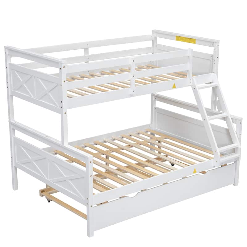 White Twin over Full Pine Wood Bunk Bed with Ladder and Twin Size Trundle