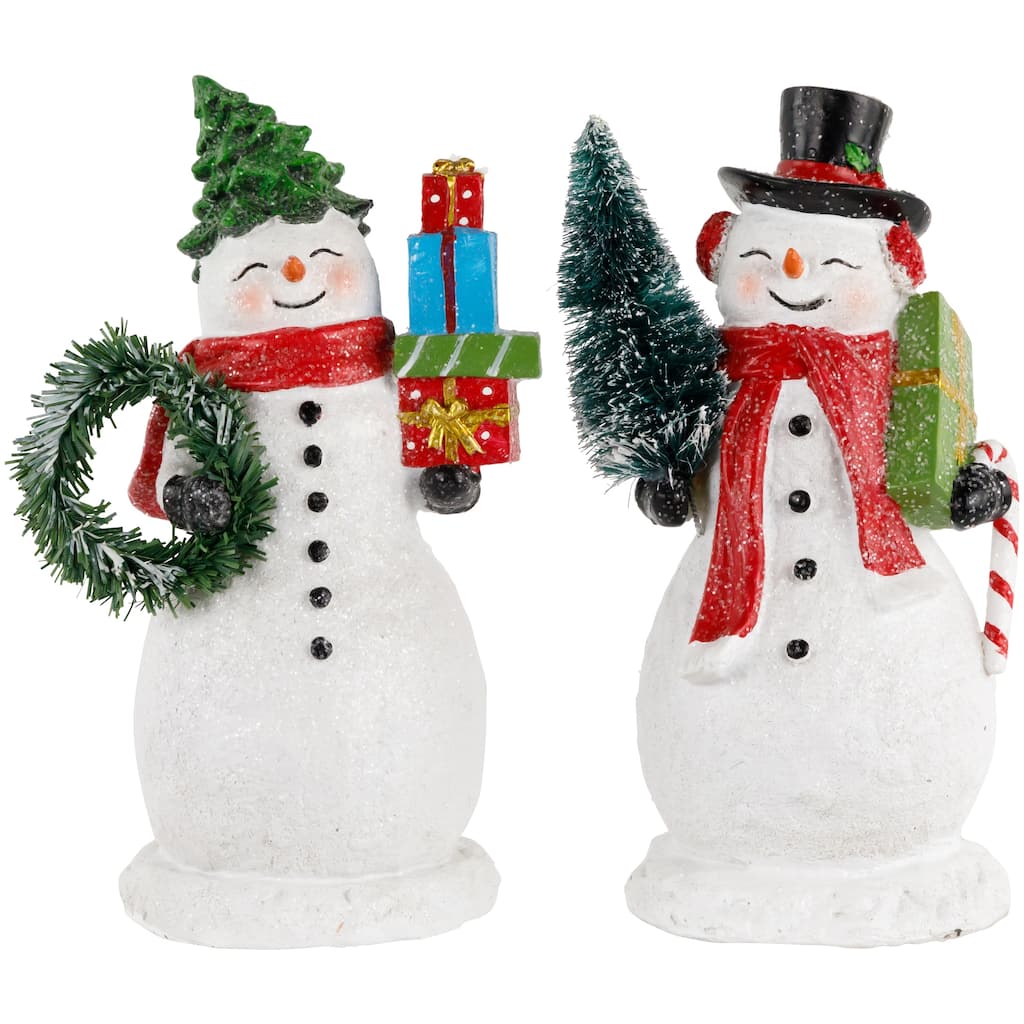 Shopping Snowmen Couple with Presents Christmas Figurines - 8" - Set of 2