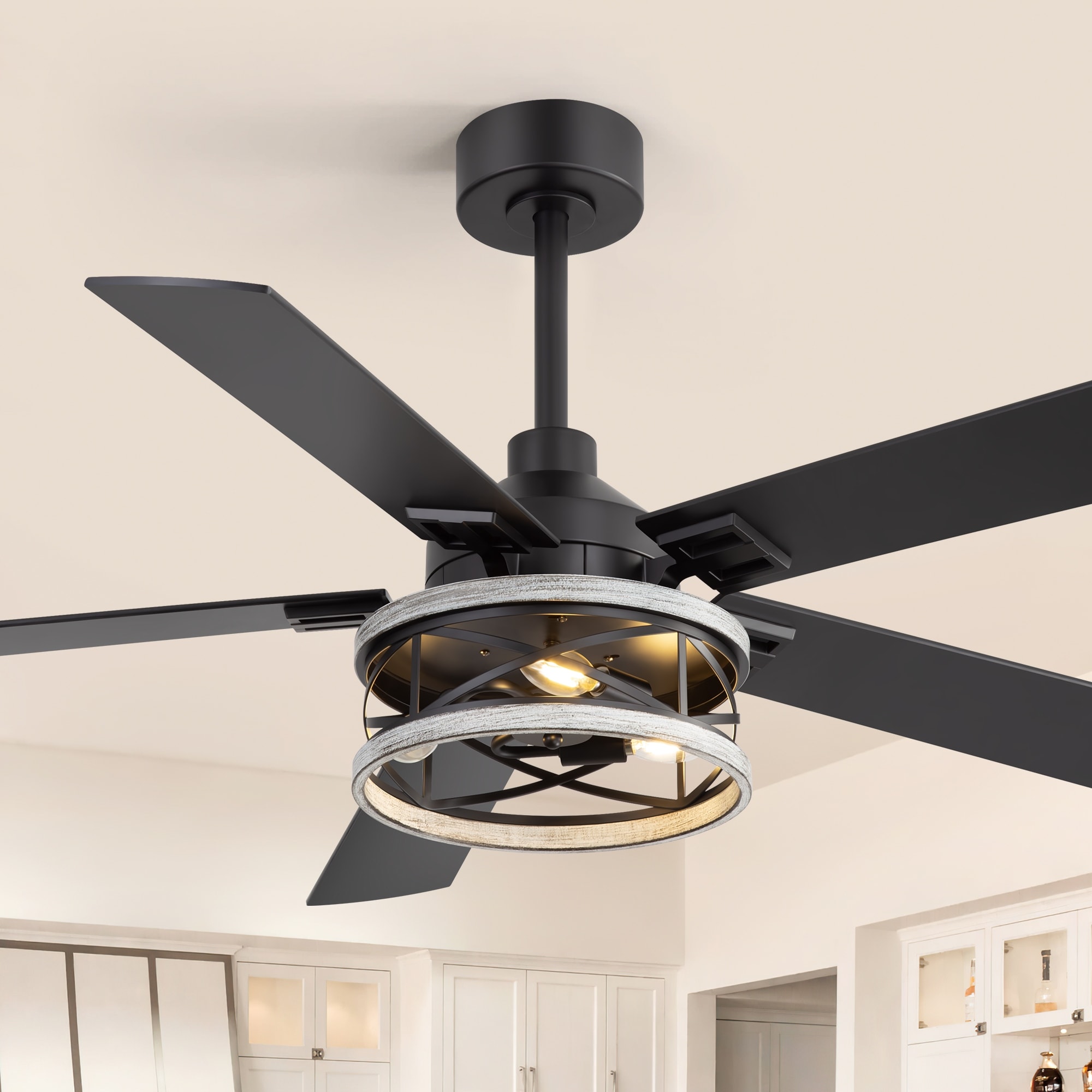 52 Inch Rustic Ceiling Fan with Light, 6-Speed DC Motor, Remote Control, Dual-Finish Black/Wood Grain Blades - 52 in