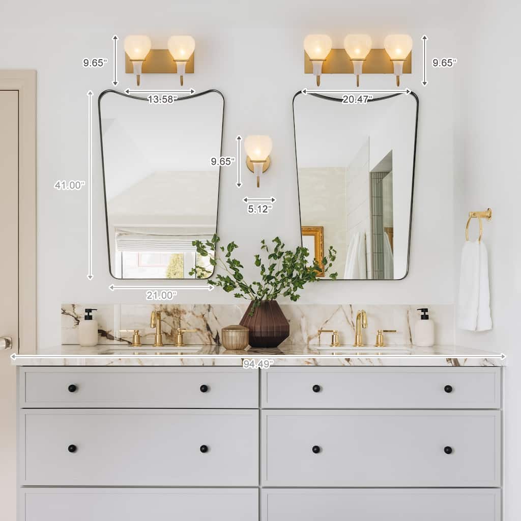 Modern Gold Vanity Light with Clouded Glass Bulb-Vase Shades Bathroom