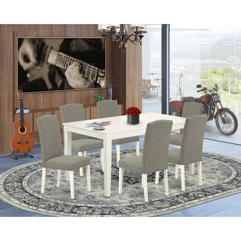 HomeStock 7-Piece Rectangle Linen White Finish Solid Wood Top Dining Table with 6 Parson-Chairs with Lattice Back