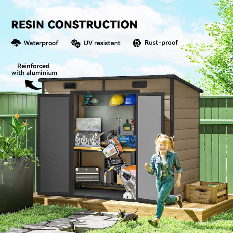 Outsunny 8' x 4' Outdoor Storage Shed, Resin Plastic Shed with Floor, Window, Lockable Doors and Vents, All-Weather Tool Shed