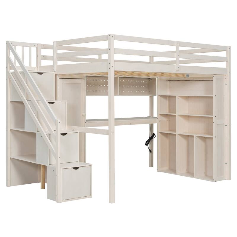 Full Loft Bed with Built-In Wardrobe & Study Desk - Space-Saving Frame with LED Lights & Shelves