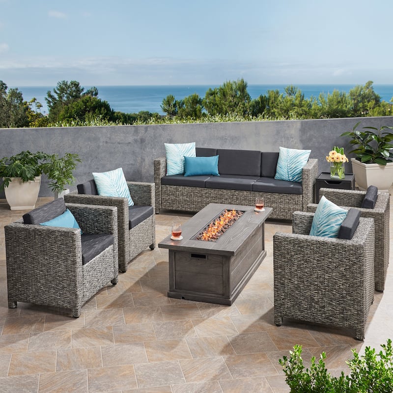 Gastman Outdoor 7 Seater Wicker Chat Set with Fire Pit by Christopher Knight Home - Mix Black+Dark Gray Cushion+Gray