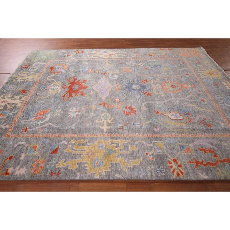 All-Over Gray Floral Oushak Indian Area Rug Hand-Knotted Wool Carpet - 7'10"x 9'8"