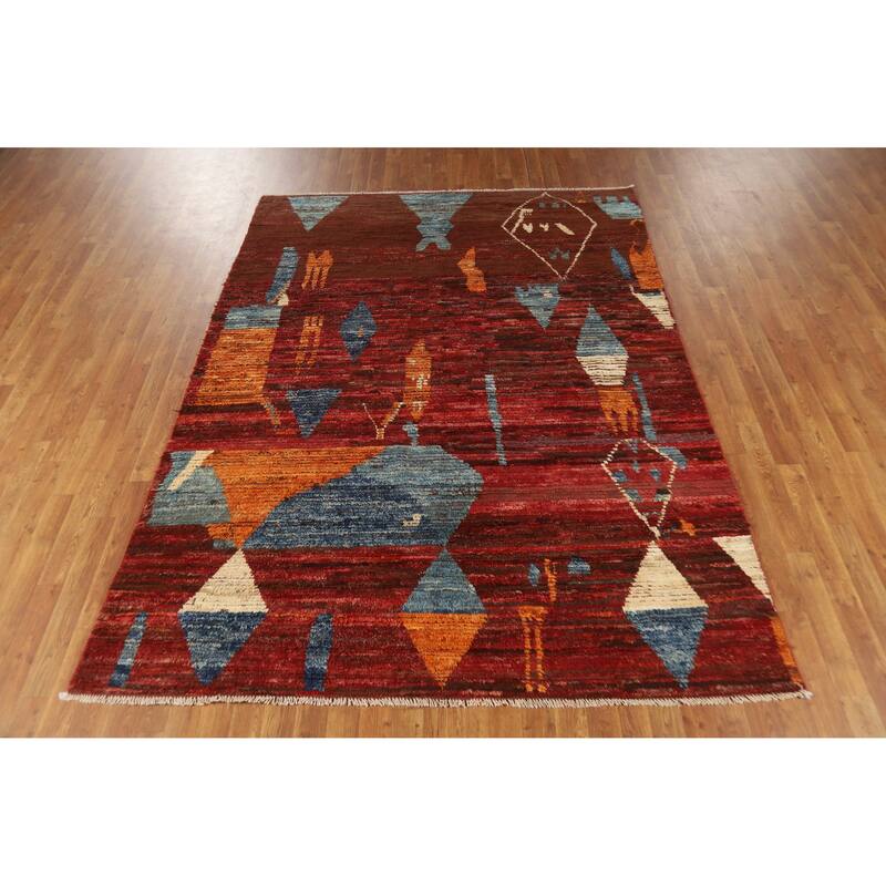 Geometric Moroccan Oriental Area Rug Handmade Red Wool Carpet - 6'4" x 8'9"
