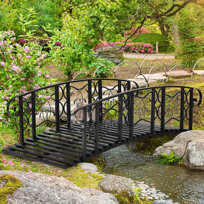 Outsunny 6' Metal Arch Backyard Garden Bridge with 660 lbs. Weight Capacity, Safety Siderails, Vine Motifs, & Easy Assembly - Black