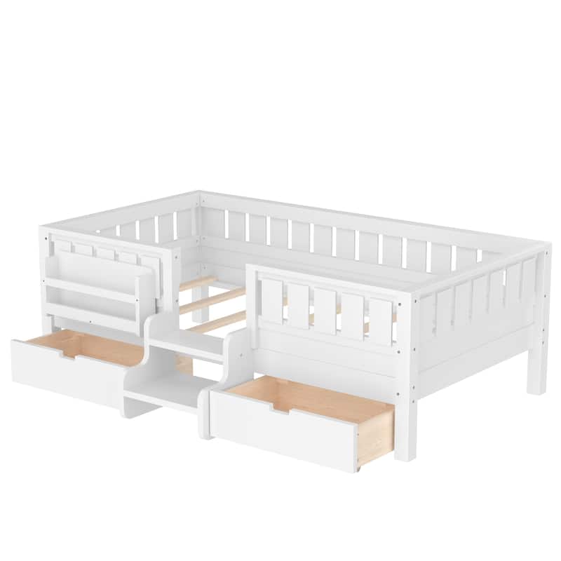 Full/Twin Loft Bed with Storage Drawers, Safety Staircase & Rails