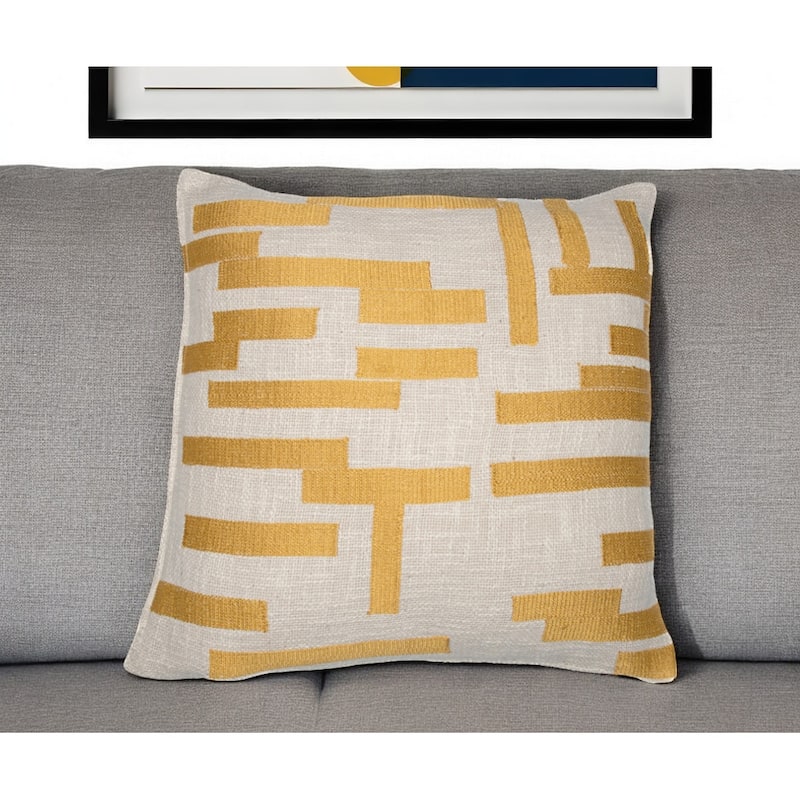 HomeRoots 24" Yellow and Ivory Geometric Cotton Blend Throw Pillow With Embroidery - Accent - Polyester