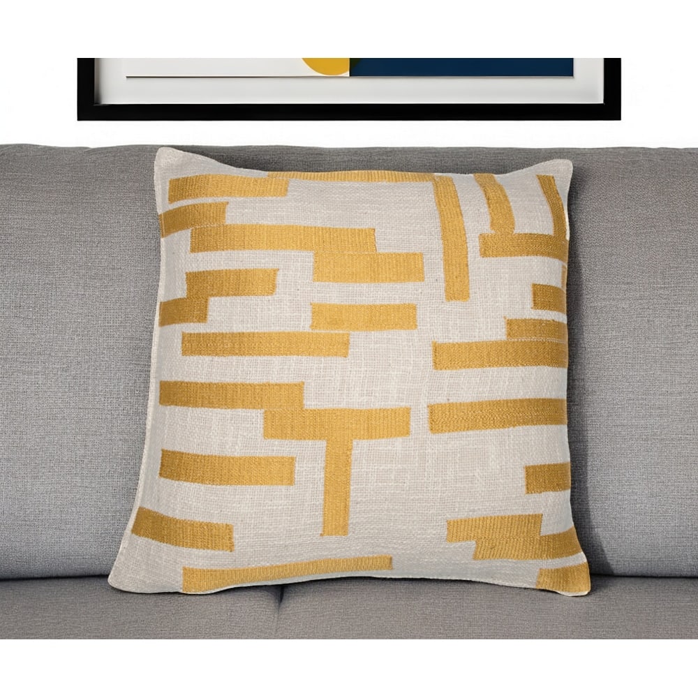 HomeRoots 24" Yellow and Ivory Geometric Cotton Blend Throw Pillow With Embroidery