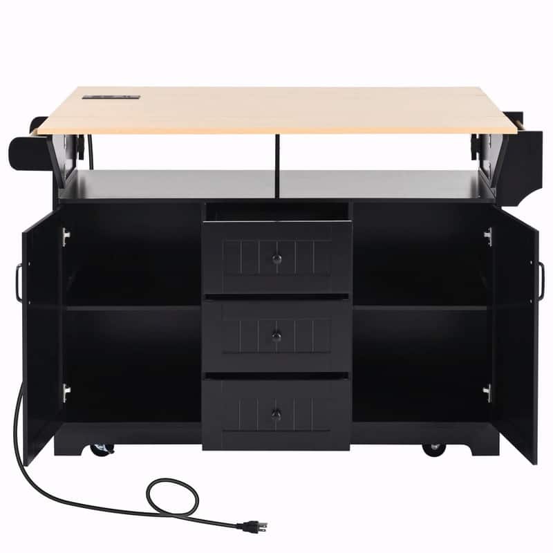 55.7" Rolling Kitchen Island with Double Drop Leaf, Power Outlet, 3 Drawers, Spice & Towel Rack, Folding Dining Table Cart
