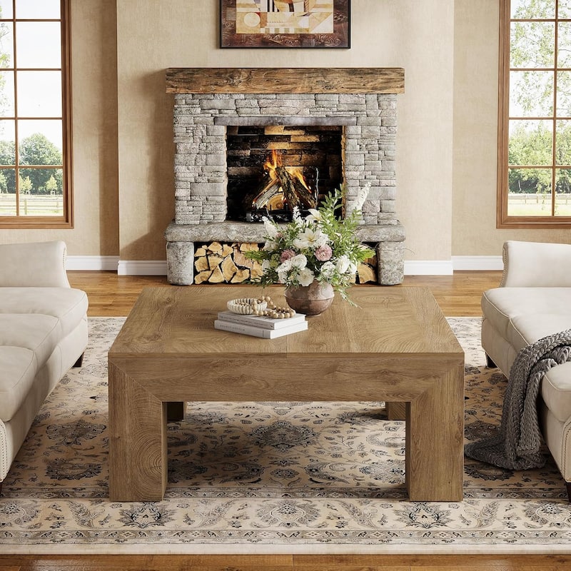 39.4-Inch Square Coffee Table for Living Room, Farmhouse All Wooden Center Table