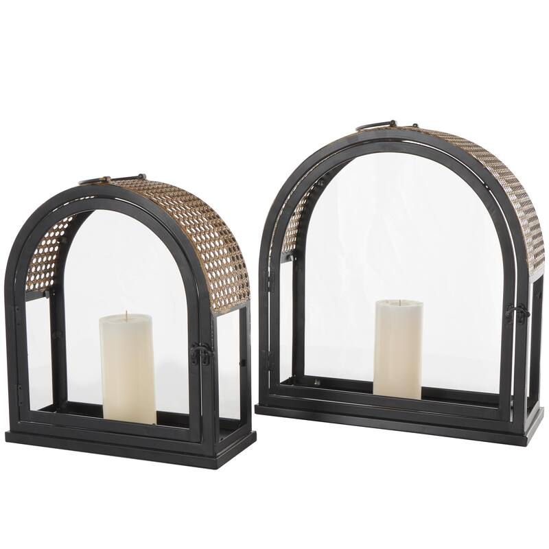 Metal Arched Indoor Outdoor Candle Lantern with Cane Inspired Gold Tops - Set of 2 Black - Roche River Decor - Black