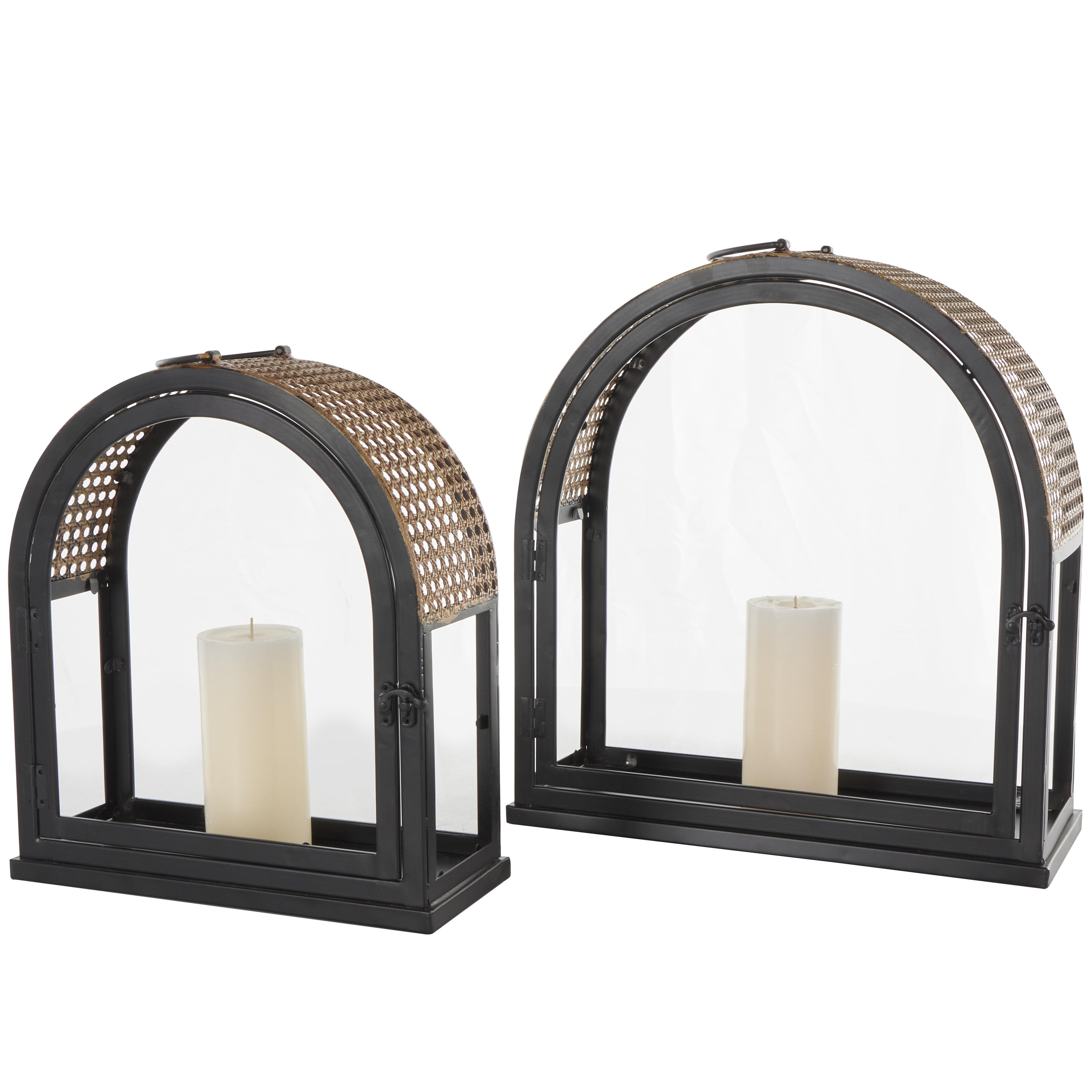 Roche River Decor - Metal Arched Candle Lantern with Cane Inspired Gold Tops - Set of 2 Black