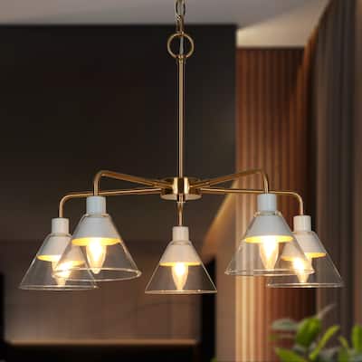 Seticy Modern Wagon Wheel Chandeliers with Accent White Gold Shaded Cone Glass for Dining Room - D 25" x H 21.5"