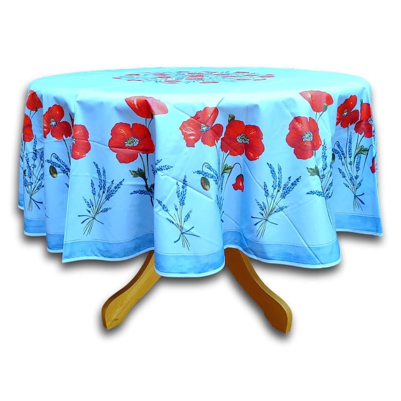 Wipeable Spill Resistant Provencal Cotton Cannes Collection Tablecloth - 71-in Round - Blue Poppy
