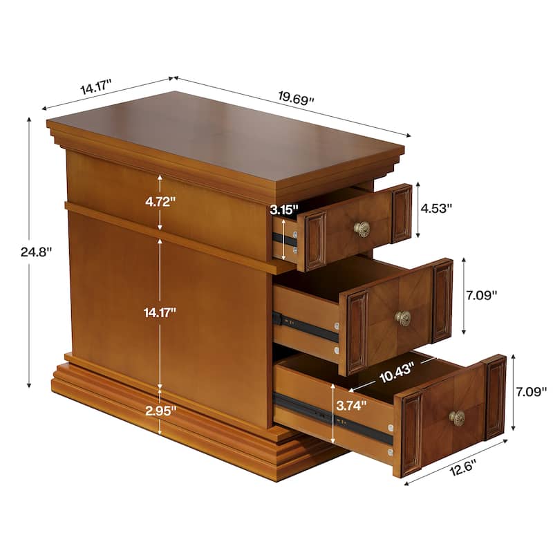 Narrow End Table with 3 Drawers, 19.69''D Vintage Sofa Side Table