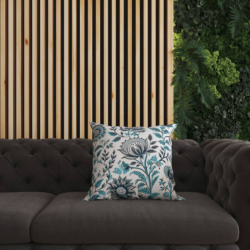 Grey And Turquoise Sanganeri Block Print Faux Suede Throw Pillow Zipper