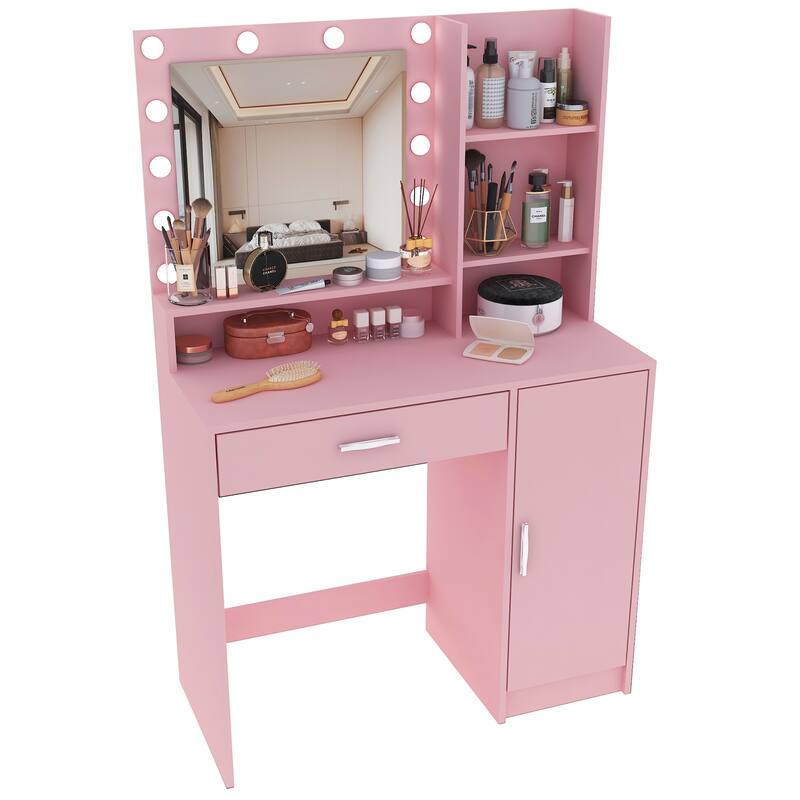 Vanity Desk with Mirror and Lights, Makeup Vanity with Drawer and Storage Shelves, Dressing Table with 3 Lighting Modes