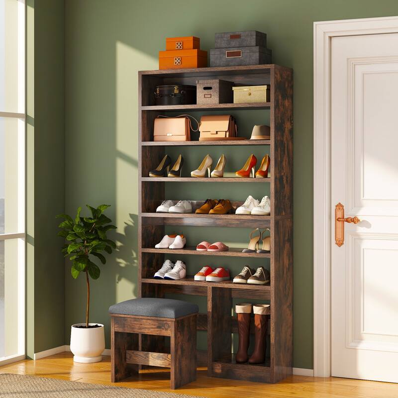 Moasis 8 Tiers Free Standing Shoe Cabinet with Hidden Bench, 70.9'' Tall Shoe Racks with Open Storage & High Boots Cubby