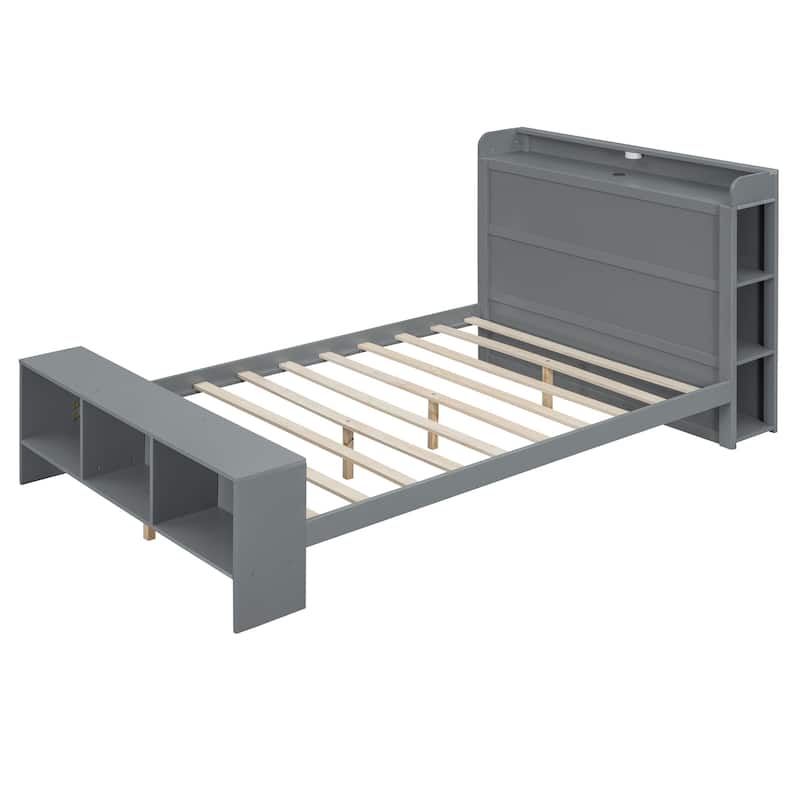 HomeRoots Gray Wood Full Bed Frame With LED Lighting And USB