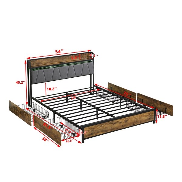 Full Queen Size Bed Frame with Storage Headboard Charging Station RGB LED Lights and 4 Rolling Storage Drawers Bed Bath Beyond 41488696