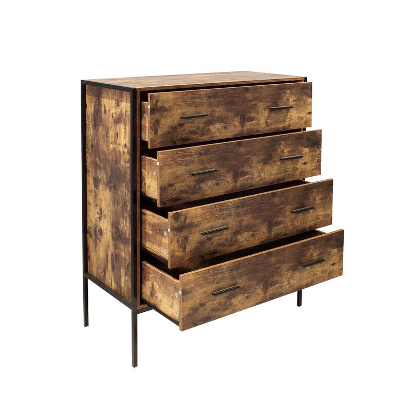 Industrial Style 4 Drawer Dresser,Rustic Brown Wood Storage Dresser Clothes Organizer