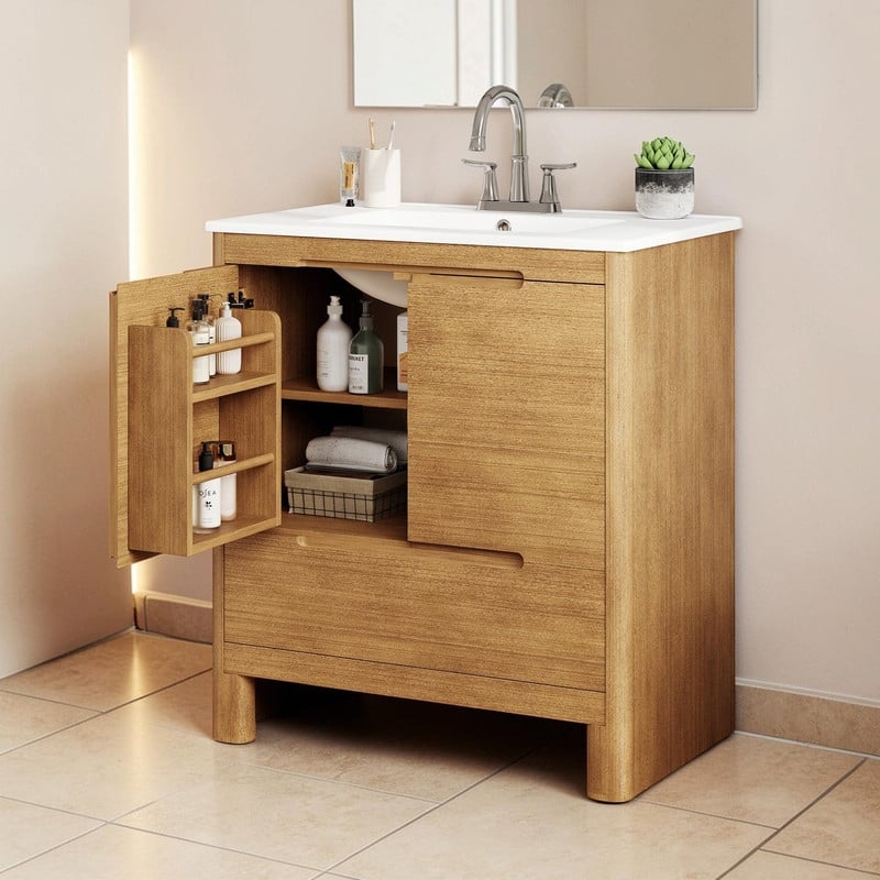 30 Inch Modern Bathroom Vanity with Ceramic Sink, Natural Wood Grain Cabinet, Solid Wood Frame - Natural