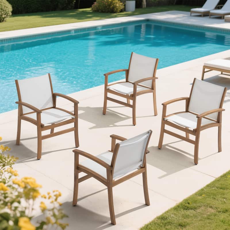 Outdoor Wooden Armchairs with Textilene Back (Set of 4)