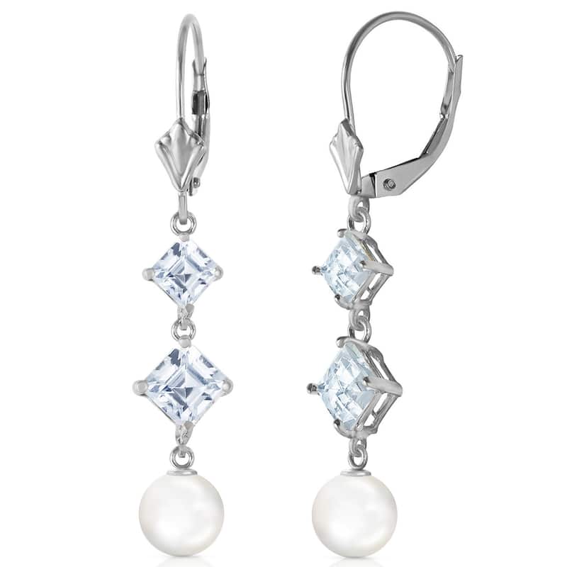 14K Solid Gold Chandelier Aquamarine/Pearl Elegant Gemstone Earrings - White