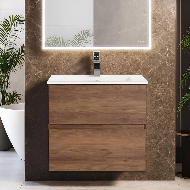Blossom All Wood Wall Mounted Floating Bathroom Vanity with Sink - Brown Walnut - 36" Ceramic Sink