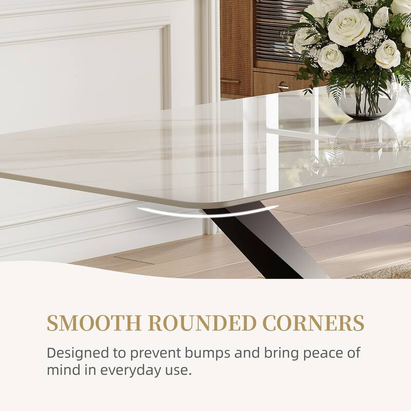 Modern Rectangular Dining table with Glossy Sintered Stone Table top, White Kitchen Table with Stainless Steel Legs