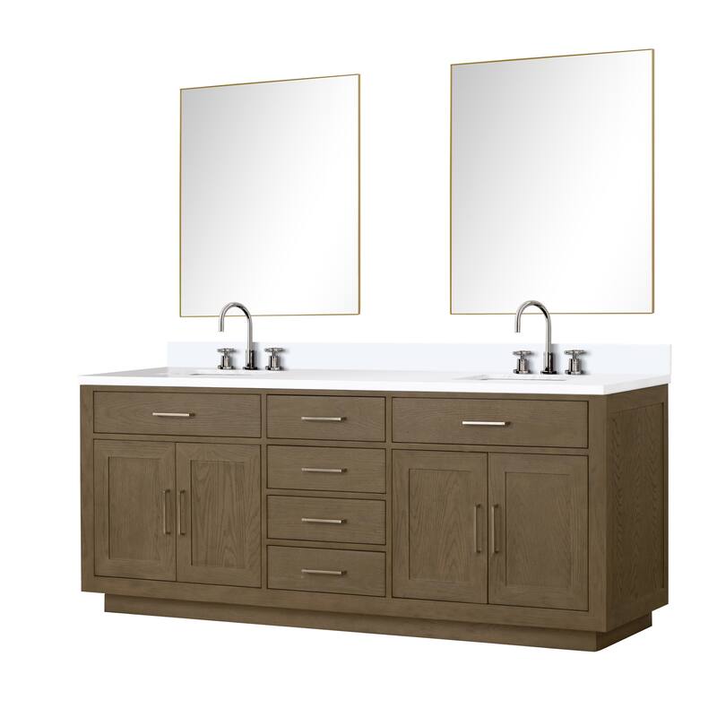 Abbey 60 in W x 22 in D Black Oak Double Bath Vanity, Cultured Marble Top, Faucet Set, and 28 in Mirrors