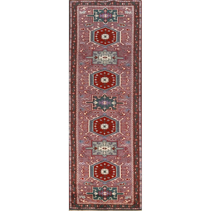 Hand Knotted Oriental 100% Wool Carpet Transitional Geometric Purples Khotan Runner Rug - 9' 10'' X 2' 7''