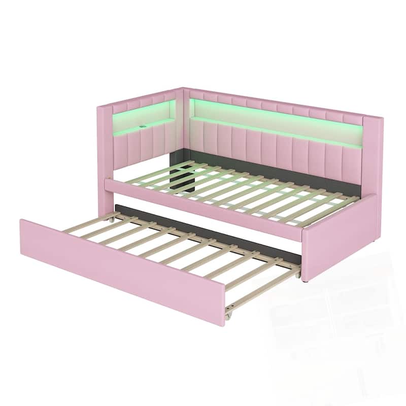Upholstered Platform Bed with USB Ports and LED Belt With Trundle